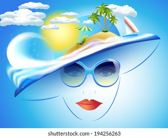 Abstract girl in sunglasses and a hat with a sea view and a blue summer background