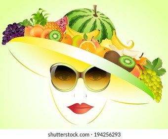 Abstract Girl In Sunglasses With Summer Juicy Fruit On The Hat