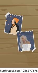 Abstract Girl In The Sweater And Hat Gift Card Portrait Fashion Avatar Mobile Stories Torn Paper Frame Or Mood Board On Wooden Brown Magic Background Cartoon Vector Design