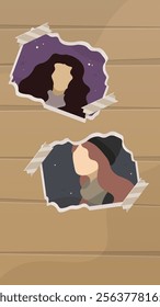 Abstract Girl In The Sweater Purple Gift Card Portrait Fashion Avatar Mobile Stories Torn Paper Frames For Your Design Or Mood Board On Wooden Background Wavy Cartoon Vector Design