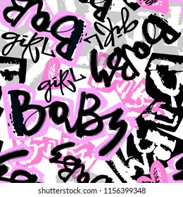 Abstract girl t-shirtl seamless rough grunge pattern, modern design template. Hipster hypebeast painted style texture, poster with different doodle elements.Urban bright youth textiles sample