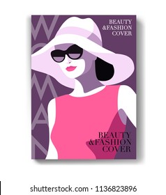 Abstract girl wearing big white hat and sunglasses. Woman fashion magazine cover design.  Vector illustration