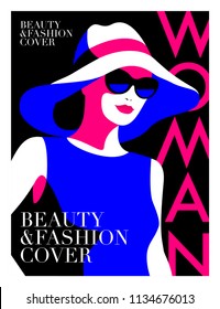 Abstract girl wearing blue dress, big white hat and sunglasses. Woman fashion magazine cover design.  Vector illustration - Shutterstock ID 1134676013