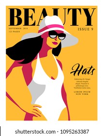 Abstract girl wearing swimsuit, sunglasses and big hat. Woman fashion magazine cover design for summer holiday season. Vector illustration