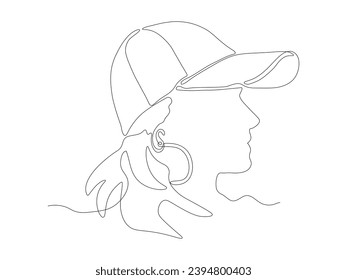 Abstract girl without face in baseball cap, cap, with long earrings , continuous one line art hand drawing sketch