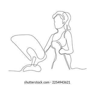 chica abstracta sin cara hace deportes, fitness en el gimnasio en la cinta de correr del simulador, dibujado a mano, mono-línea continua, arte de una línea, dibujo de contorno