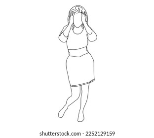 abstraktes Mädchen ohne Gesicht steht mit den Händen hoch zu ihrem Gesicht, handgezeichnet, kontinuierlich monoline, eine Linie Kunst