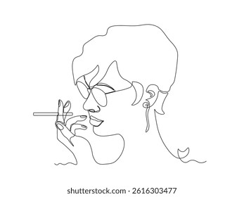 Abstract girl, woman with cigarette,continuous single line art hand drawing sketch logo