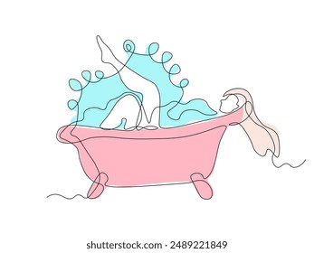 Abstract girl, woman taking a bath, continuous single line art hand drawing sketch