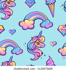 Abstract girlish seamless pattern with unicorn, hearts, diamond, clouds, rainbow. Fairytale wallpaper. Cartoon style. Childish magic repeated backdrop for textile, clothes, wrapping paper.