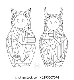 Abstract girls coloring book. Hand drawn cat and devil characters vector illustration. Stylized nesting doll outlines.
