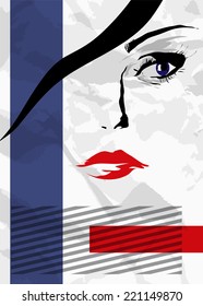 Abstract girl's face, eyes and lips, on a white background