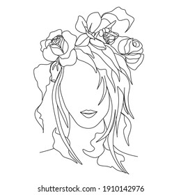 Abstract of a girl's face one line vector drawing. Portrait minimalistic style. Botanical print. Nature symbol of cosmetics. Modern continuous line art. Fashion print.Abstract Wall Art Print Set.