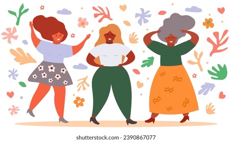 Abstract girls plus size are funny and happy, dancing, loving themselves. Beautiful women on a background of flowers, leaves, hearts. Vector flat graphics.