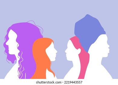 Abstract girls profile silhouettes different hairdos and headwear. Women allyship banner template. Womens history month. International womens day. 8 march poster. Vector illustration.