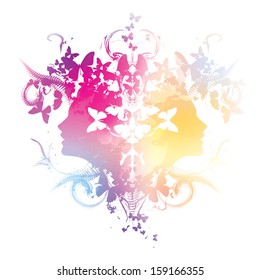 Abstract with girls profiles and butterflies eps10