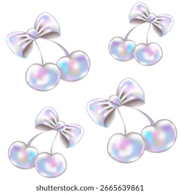 Abstract girly seamless pattern in Y2K style. Three-dimensional Pearl Cherry with Bows on White background. 3d holographic retro template. Chrome bubble art.