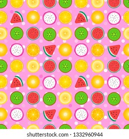 Abstract girly texture. Seamless pattern of fruit slices. Vector illustration isolated on pink background. Surface texture design with watermelon, kiwi, pineapple, orange, banana
