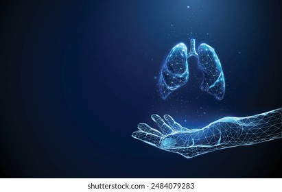 Abstract giving hand with blue human lungs. Healthcare medical concept. Low poly futuristic technology digital neon style. Geometric background. Wireframe light connection structure. 3d graphic Vector