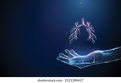 Abstractas dando la mano con el árbol bronquial. Concepto médico sanitario. Estilo de neón digital de tecnología futurista de baja poli. Fondo geométrico. Estructura de conexión de luz de estructura metálica. Vector gráfico 3D