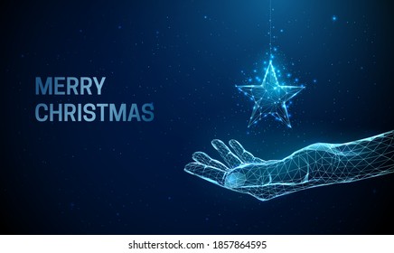 Abstract giving hand with Christmas toy star. Low poly style design. Merry Christmas card. Modern 3d graphic geometric background. Wireframe. light connection structure. Vector illustration