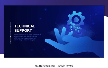 Abstract giving hand with cogwheels gear on dark blue background. Low poly style. Wireframe light connection structure. Website, web page, landing page template. Flat cartoon vector illustration
