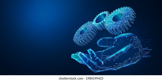 Resumen de la mano con las ruedas cognitivas. Bajo fondo geométrico 3d de polígono. Estructura de conexión de la luz del bastidor acústico. Ilustración vectorial aislada