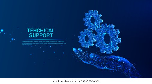 Abstract Giving Hand With Cogwheels. Technical Support System. Software Development. Abstract Vector In Futuristic Polygonal Style With Wireframe.