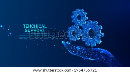 Abstract giving hand with cogwheels. Technical support system. Software development. Abstract vector in futuristic polygonal style with wireframe.