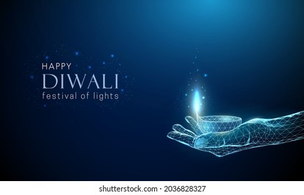 Abstract giving hand with Diwali lamp. Low poly style design. Blue geometric background. Wireframe light connection structure. Modern 3d graphic concept. Isolated vector illustration.