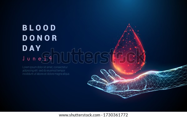 Abstract giving hand with drop of blood. Low\
poly style design. Blue blood donor day concept. Modern 3d graphic\
geometric background. Wireframe light connection structure.\
Isolated vector\
illustration