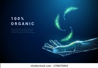 Abstract giving hand with falling green leafs. Low poly style design. Blue geometric background. Wireframe light connection structure. Modern 3d graphic ecology concept. Isolated vector illustration.