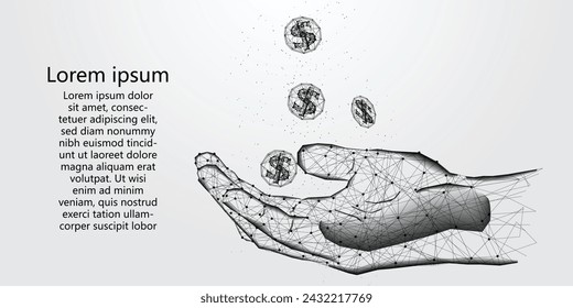 Abstract giving hand full of coins and falling down coins. Low poly style design. Finance concept. Modern 3d graphic geometric background. Wireframe light connection structure Vector illustration
