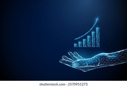 Abstract giving hand with growing chart. Low poly style design. Bussines strategy, trading, financional concept. Low poly wireframe style. Lght connection structure. Modern 3d graphic concept. Vector.