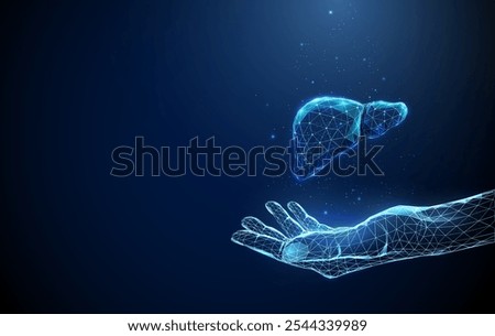 Abstract giving hand with human liver. Healthcare medical concept. Low poly futuristic technology digital neon style. Geometric background. Wireframe light connection structure. 3d graphic. Vector.