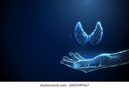 Abstract giving hand with human thyroid gland. Healthcare medical concept. Low poly futuristic technology digital neon style. Geometric background. Wireframe light connection structure. Vector.