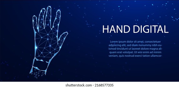 Abstract giving hand. Low poly style design with blue geometric background. Wireframe Modern 3D Graphics Concept Isolated Vector Illustration
