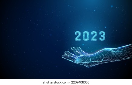 Abstract giving hand with number 2023. Low poly style design. Merry Christmas card. Modern 3d graphic geometric background. Wireframe light connection structure. Isolated vector illustration