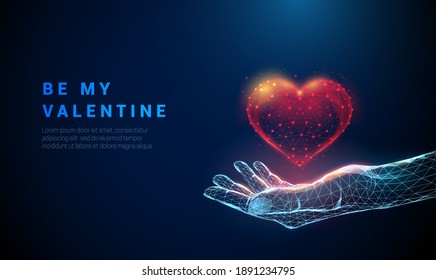 Abstract Giving Hand With Read Heart. Be My Valentine Card. Low Poly Style Design. Abstract Geometric Background. Wireframe Light Connection Structure. Modern 3d Graphic Concept. Vector Illustration.