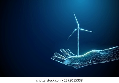 Abstract giving hand with wind turbine. Alternative renewable power generation. Green energy concept. Low poly style. Geometric background Wireframe light connection structure Modern 3d graphic Vector