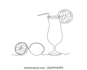 Abstract glass with cocktail, drink, juice, lemonade. With straw and lime. continuous single one line art drawing sketch, logo