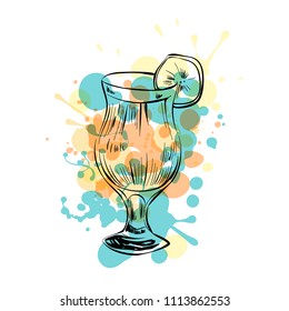 Abstract glass of cocktail with splatters at background