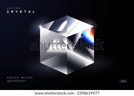 Abstract glass crystal cube with light reflection isolated on black background. Blank diamond cube. 3d style. Design element for poster, website, jewelry promo materials, etc. Vector illustration