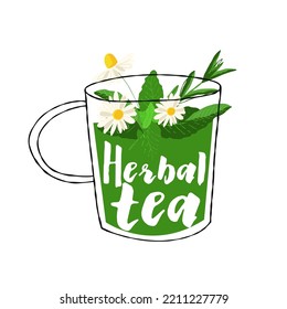 Abstract glass cup illustration with herbal chamomile tea isolated on white background