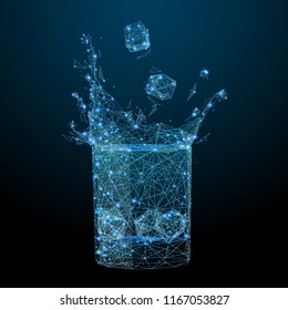 Abstract of a glass of drink ice with splash in the form of a starry sky or space, consisting of points, lines, and shapes in the form of planets, stars and the universe. Alcohol vector wireframe