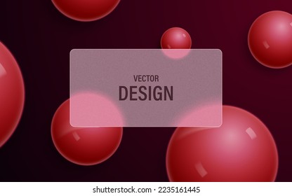 Abstract glass morphism  background with magenta spheres and frosted transparent glass on maroon background. Vector illustration.