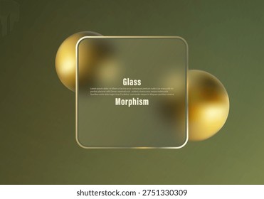 Abstract glass morphism square panel with metallic golden spheres on green gradient background for modern technology and branding design layouts.