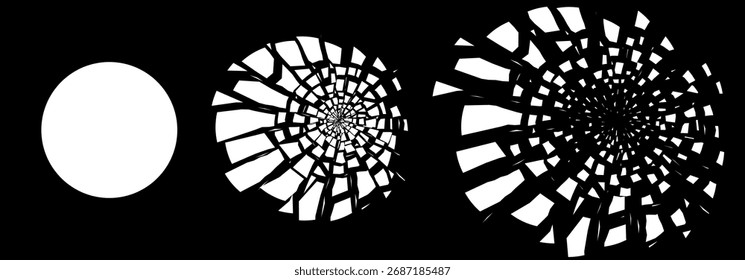 Abstractas vidrio roto en movimiento circular con reflejos brillantes. Efecto de explosión dinámico que muestra energía y movimiento. Vector perfecto para póster, Anuncio o fondo digital.