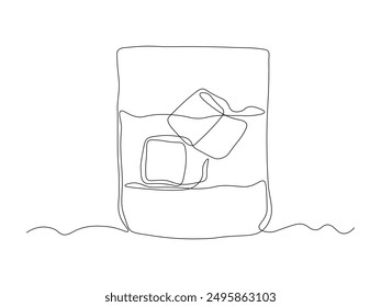 Abstract glass whiskey on the rocks , alcohol, lemonade,bar. continuous single line art drawing sketch, logo  