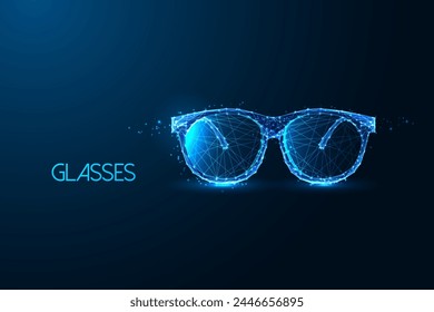 Abstract glasses, sunglasses, smart futuristic technologies in eyewear. Glowing low polygonal style on dark blue background. Modern abstract connection design vector illustration.